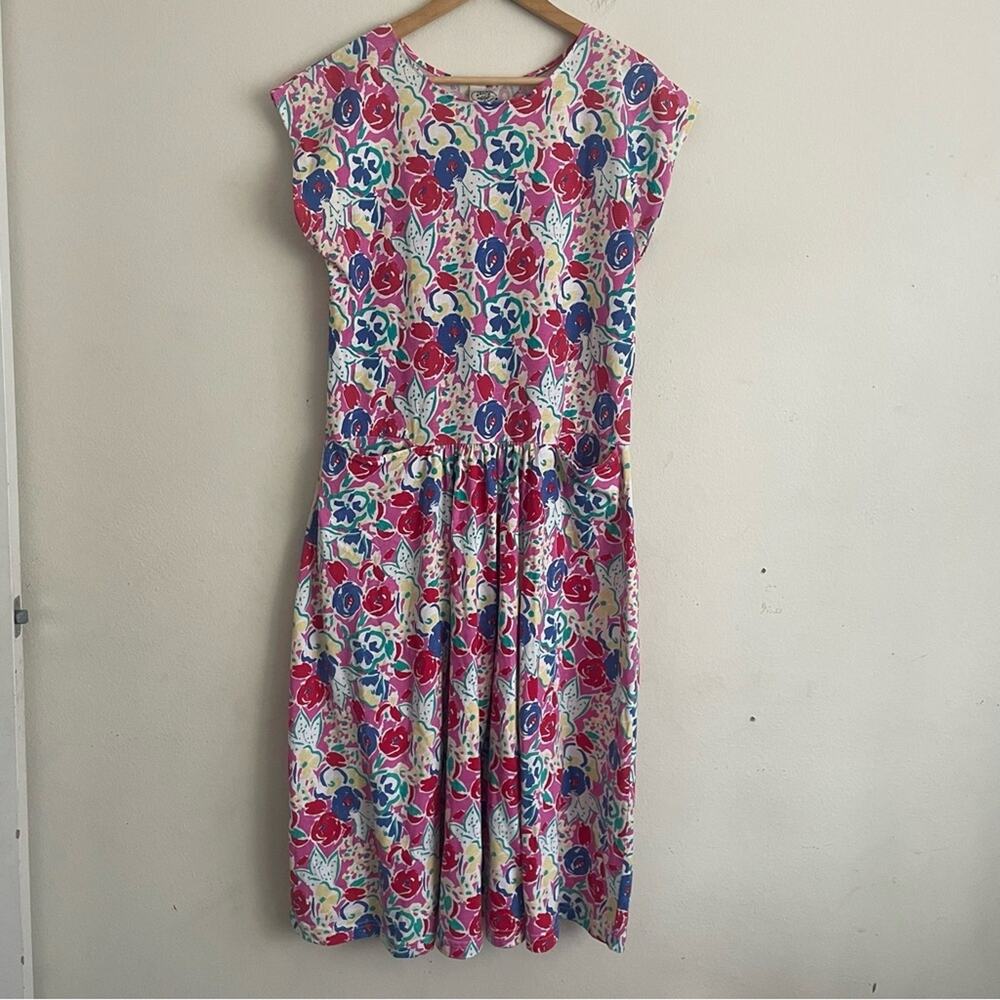 Vintage Laura Ashley Floral Midi 90s Cotton Dress Cap Sleeve Size M